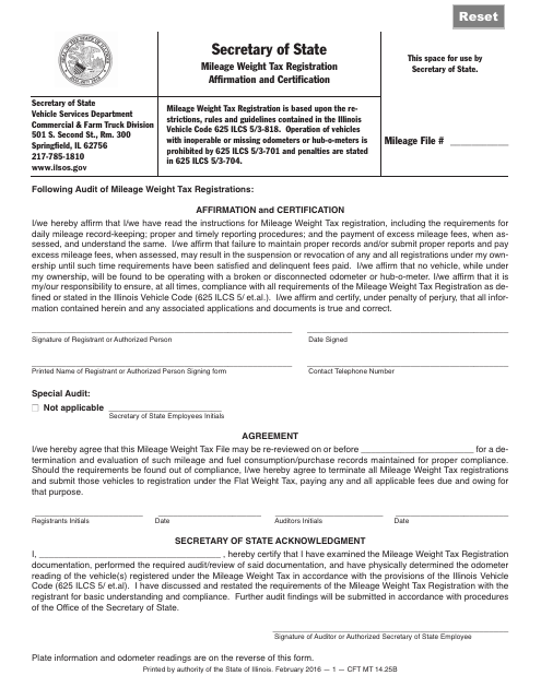 Form CFT MT14B Mileage Weight Tax Registration Affirmation and Certification - Illinois