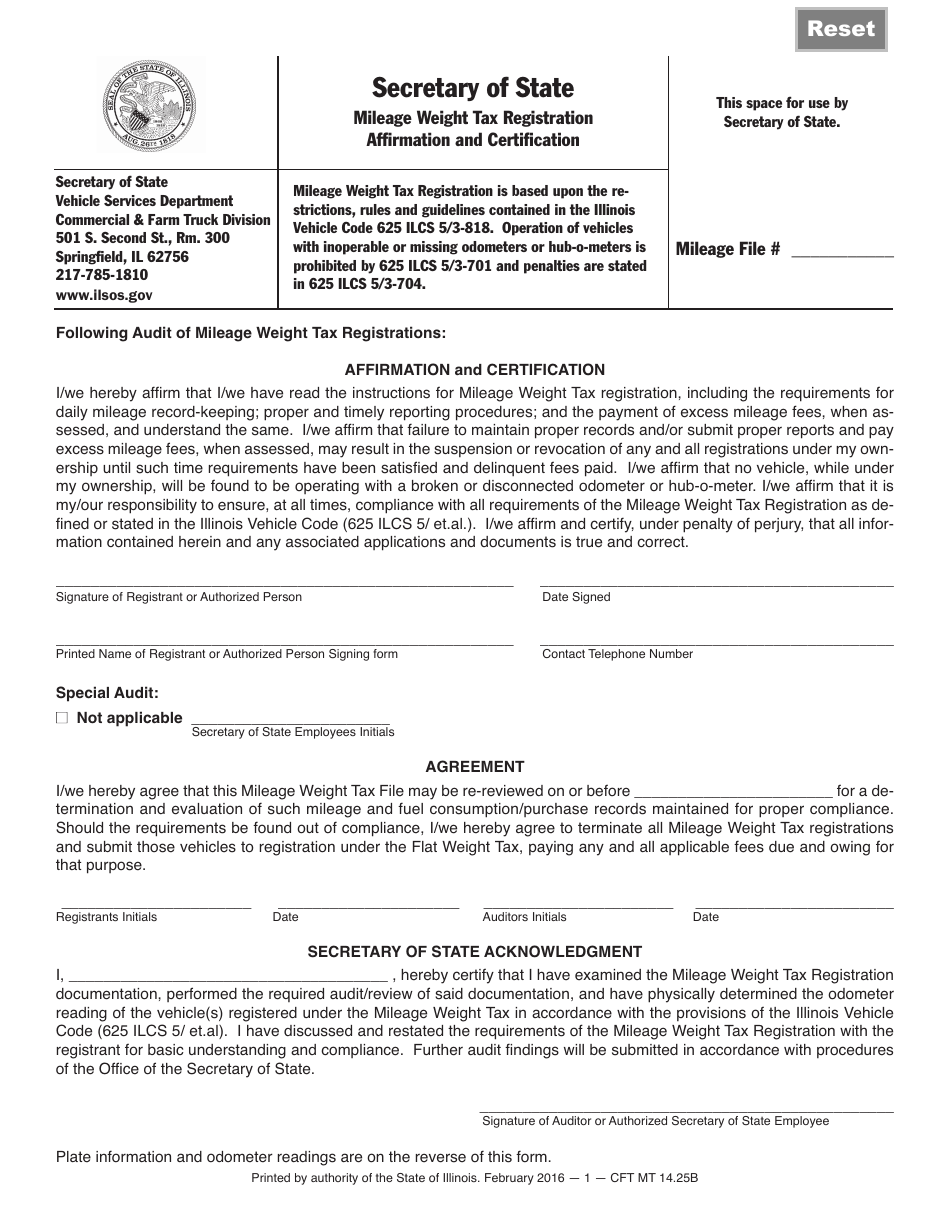 Form CFT MT14B Mileage Weight Tax Registration Affirmation and Certification - Illinois, Page 1