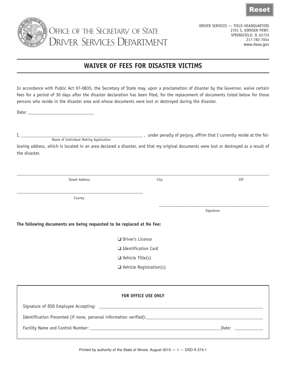 Form DSD A274 Waiver of Fees for Disaster Victims - Illinois, Page 1