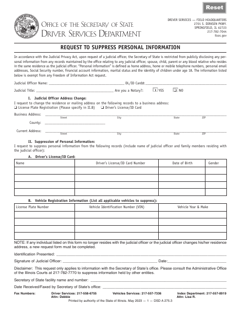Form DSD A275 Request to Suppress Personal Information - Illinois