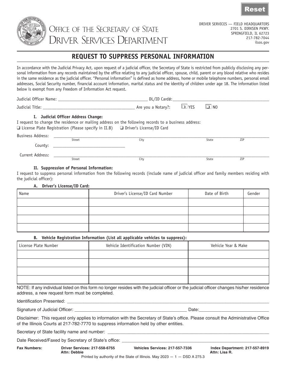 Form DSD A275 Request to Suppress Personal Information - Illinois, Page 1