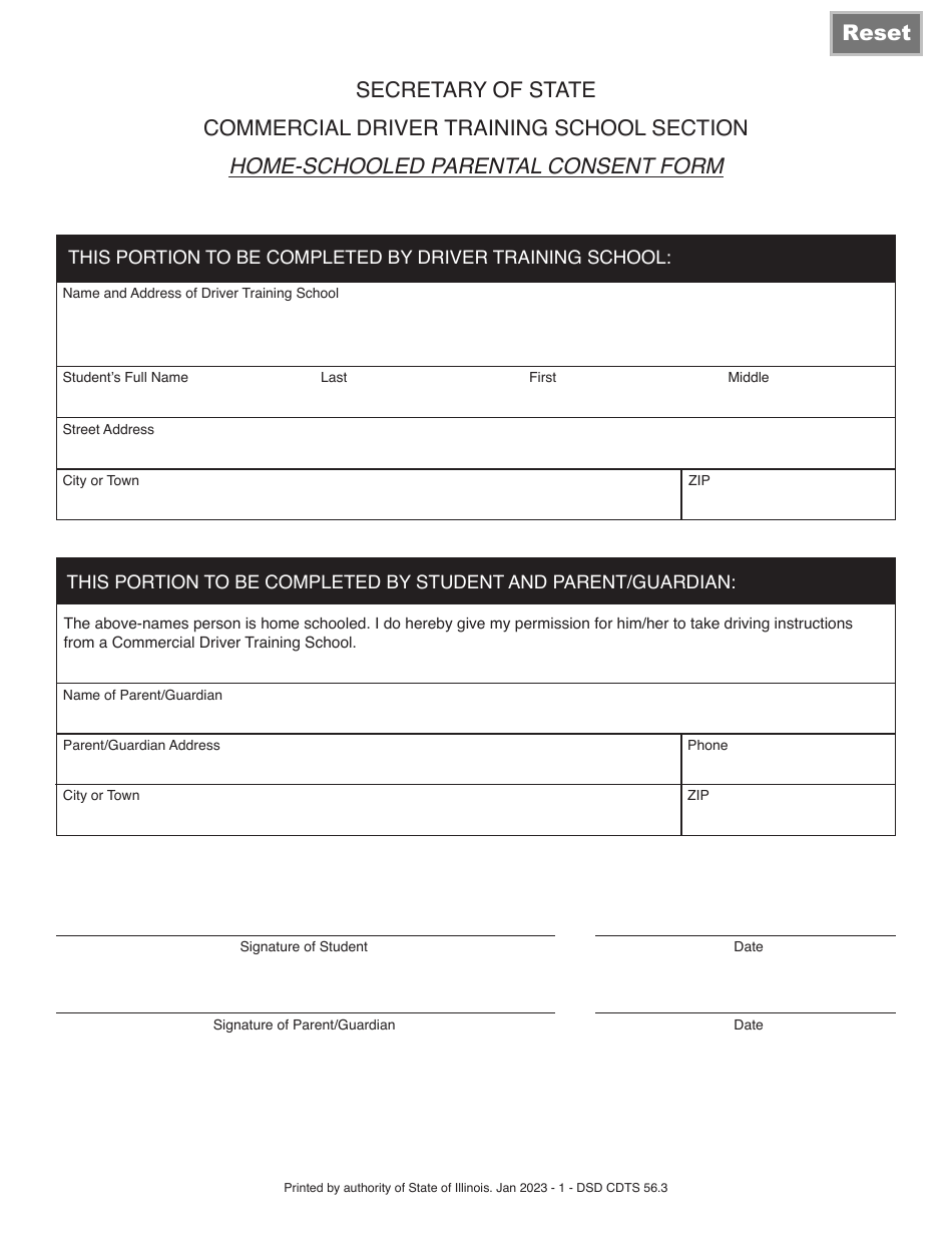 Form DSD CDTS56 Home-Schooled Parental Consent Form - Illinois, Page 1