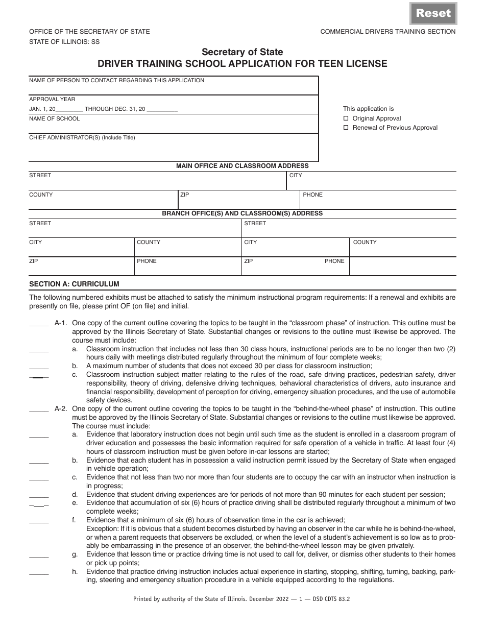 Form DSD CDTS83 Driver Training School Application for Teen License - Illinois, Page 1