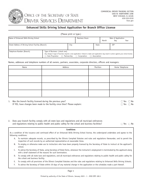 Form DSD CDTS100 Enhanced Skills Driving School Application for Branch Office License - Illinois