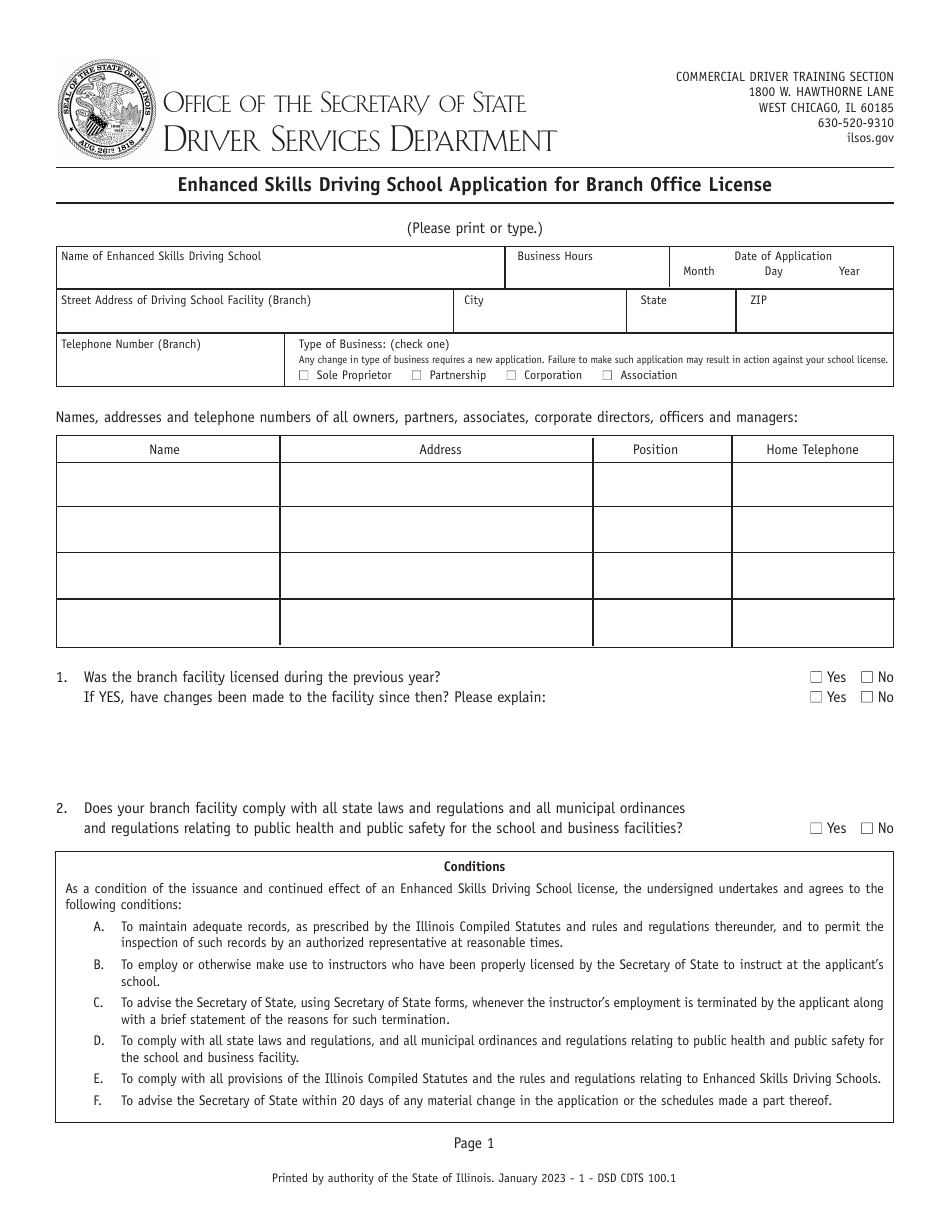 Form DSD CDTS100 Enhanced Skills Driving School Application for Branch Office License - Illinois, Page 1