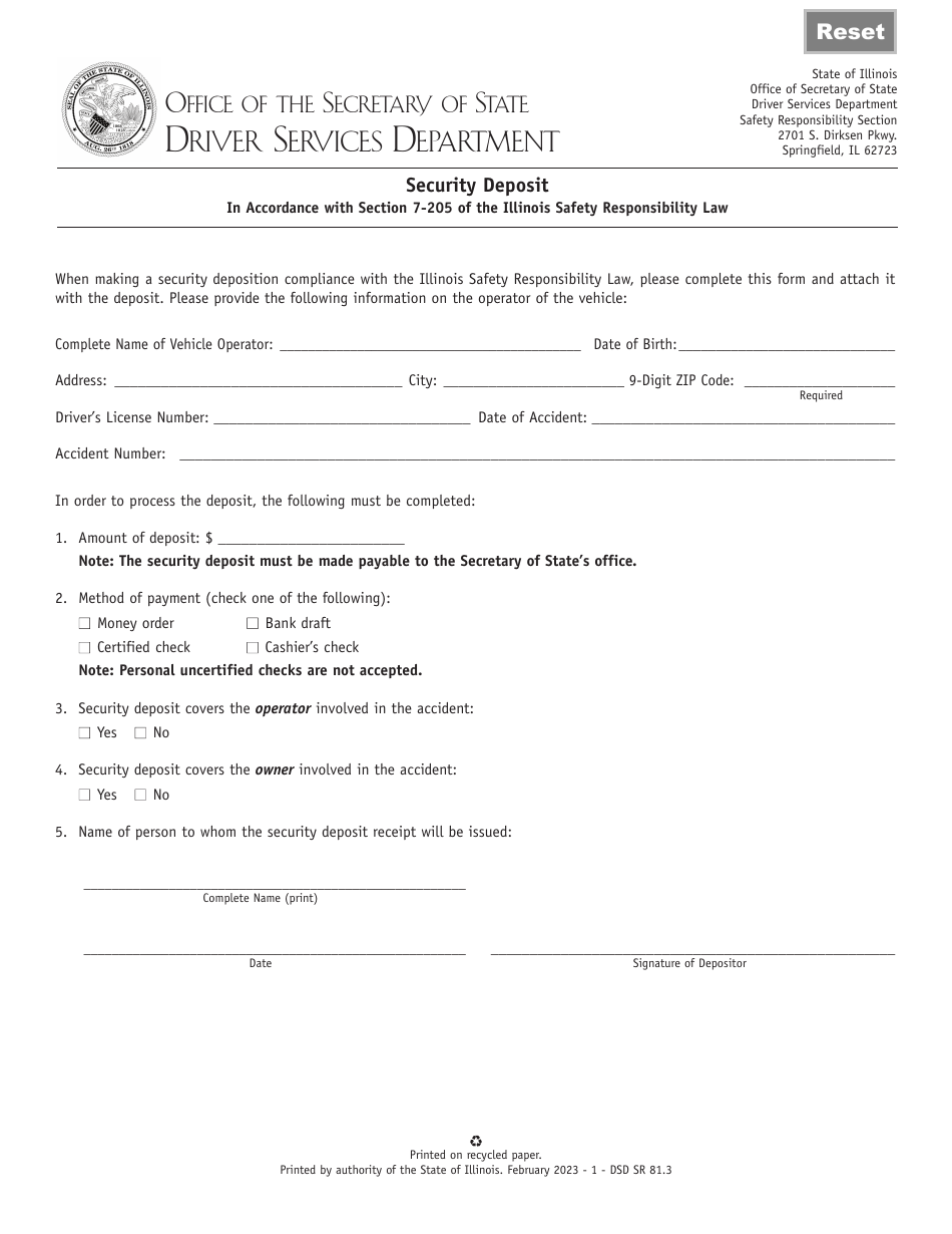 Form DSD SR81 Security Deposit in Accordance With Section 7-205 of the Illinois Safety Responsibility Law - Illinois, Page 1