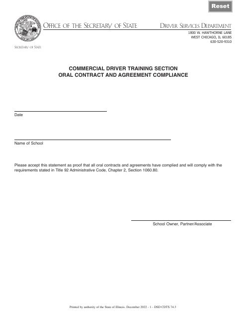 Form DSD CDTS74 Commercial Driver Training Section Oral Contract and Agreement Compliance - Illinois