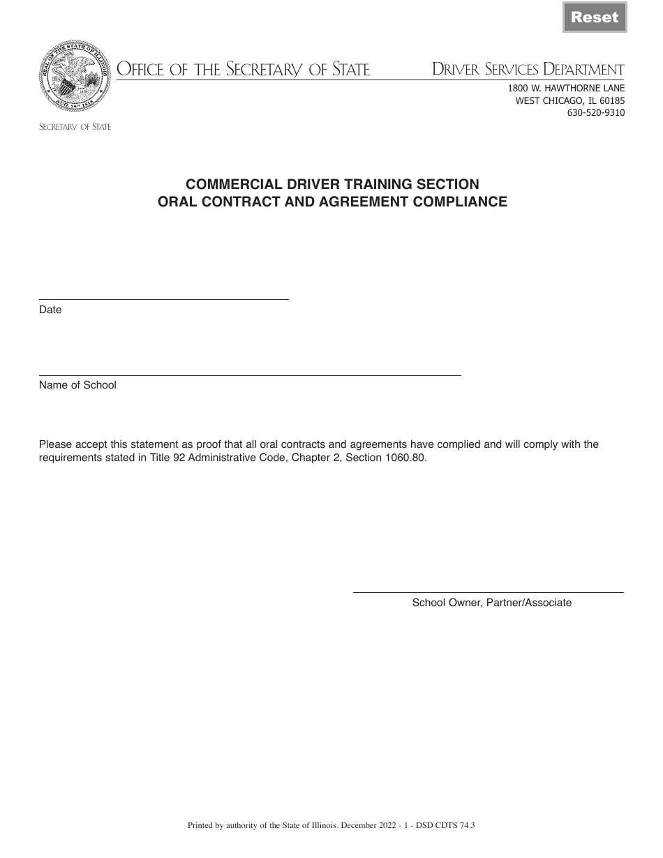 Form DSD CDTS74 Commercial Driver Training Section Oral Contract and Agreement Compliance - Illinois, Page 1