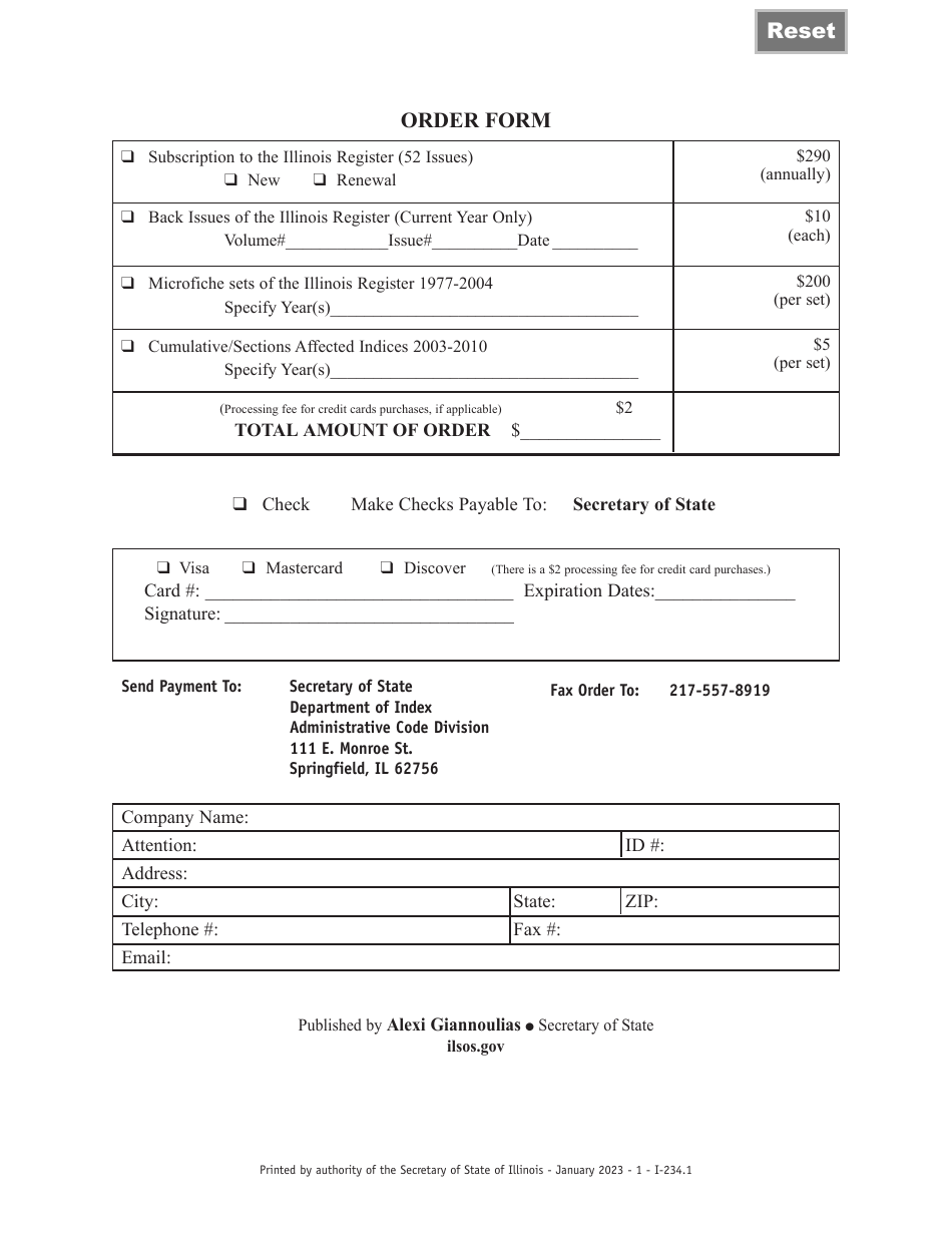 Form I-234 Illinois Register Order Form - Illinois, Page 1