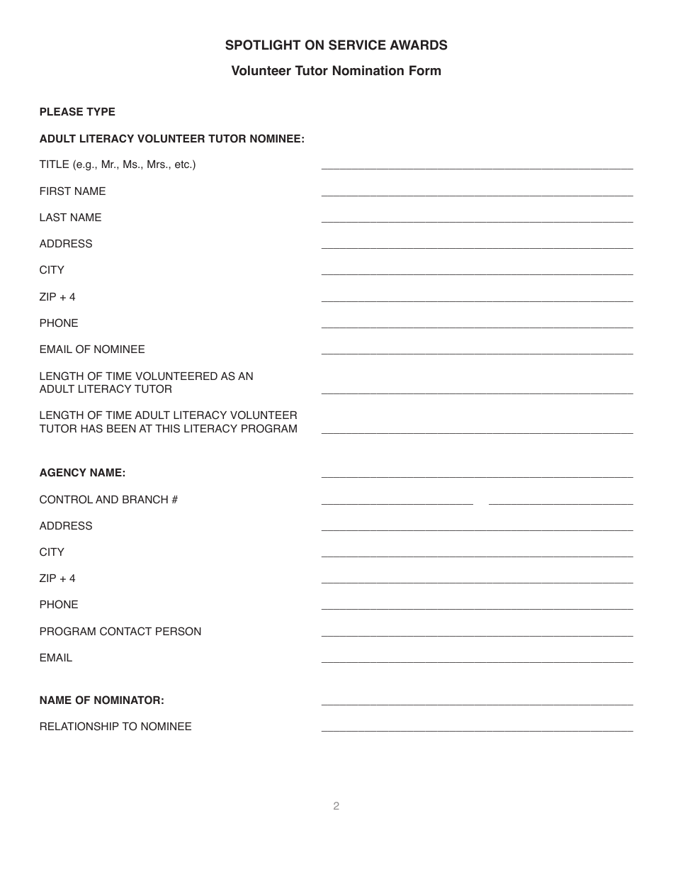 Form LD A211 Volunteer Tutor Nomination Form - Spotlight on Service Awards - Illinois, Page 2