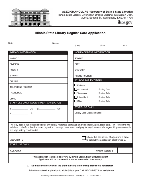 Form LD A137 Illinois State Library Regular Card Application - Illinois