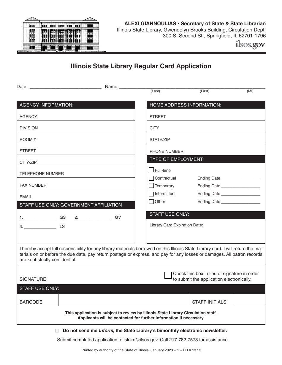 Form LD A137 Illinois State Library Regular Card Application - Illinois, Page 1