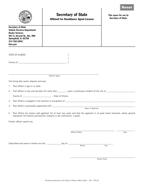 Form RA6 Affidavit for Remittance Agent License - Illinois