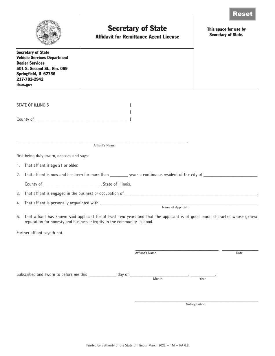 Form RA6 Affidavit for Remittance Agent License - Illinois, Page 1