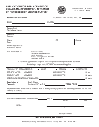 Document preview: Form RT DS36 Application for Replacement of Dealer, Manufacturer, in-Transit or Repossessor License Plates - Illinois
