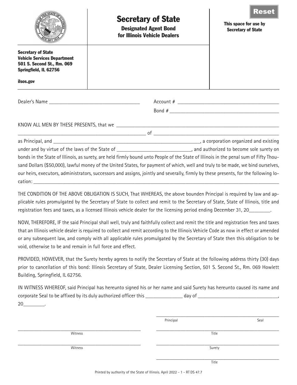 Form RT DS47 Designated Agent Bond for Illinois Vehicle Dealers - Illinois, Page 1