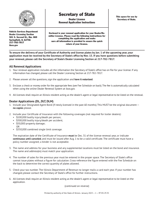 Form RT DS29 Dealer License Renewal Application Instructions - Illinois