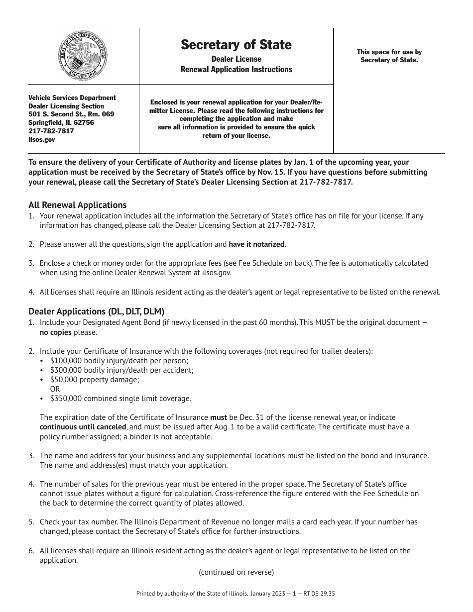 Form RT DS29 Dealer License Renewal Application Instructions - Illinois, Page 1