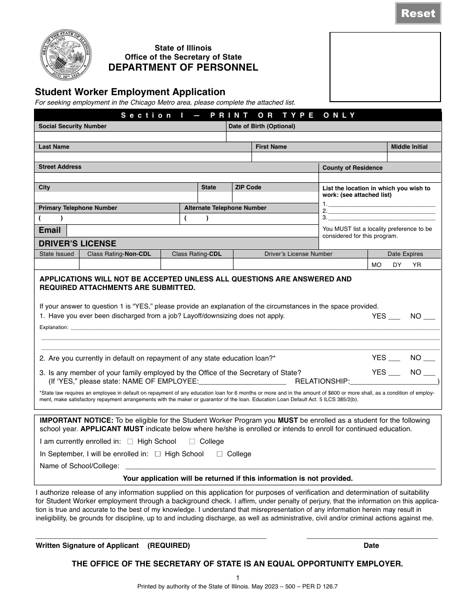 Form Per D126 Student Worker Employment Application - Illinois, Page 1
