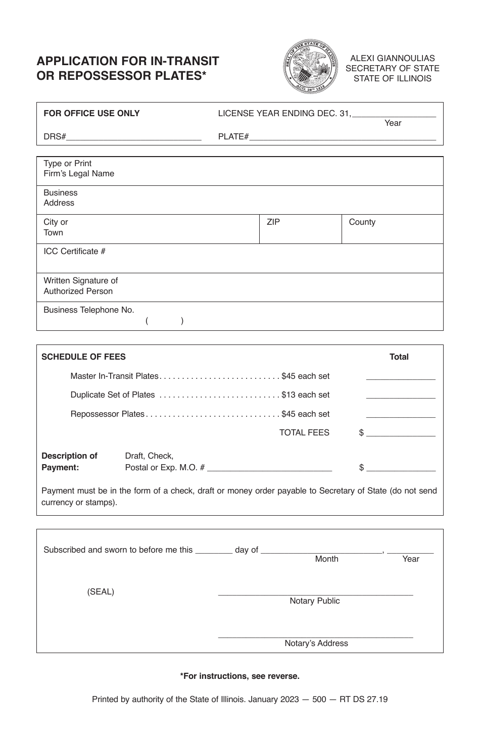 Form RT DS27 Application for in-Transit or Repossessor Plates - Illinois, Page 1