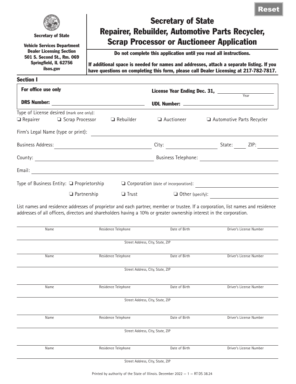 Form RT DS38 Repairer, Rebuilder, Automotive Parts Recycler, Scrap Processor or Auctioneer Application - Illinois, Page 1