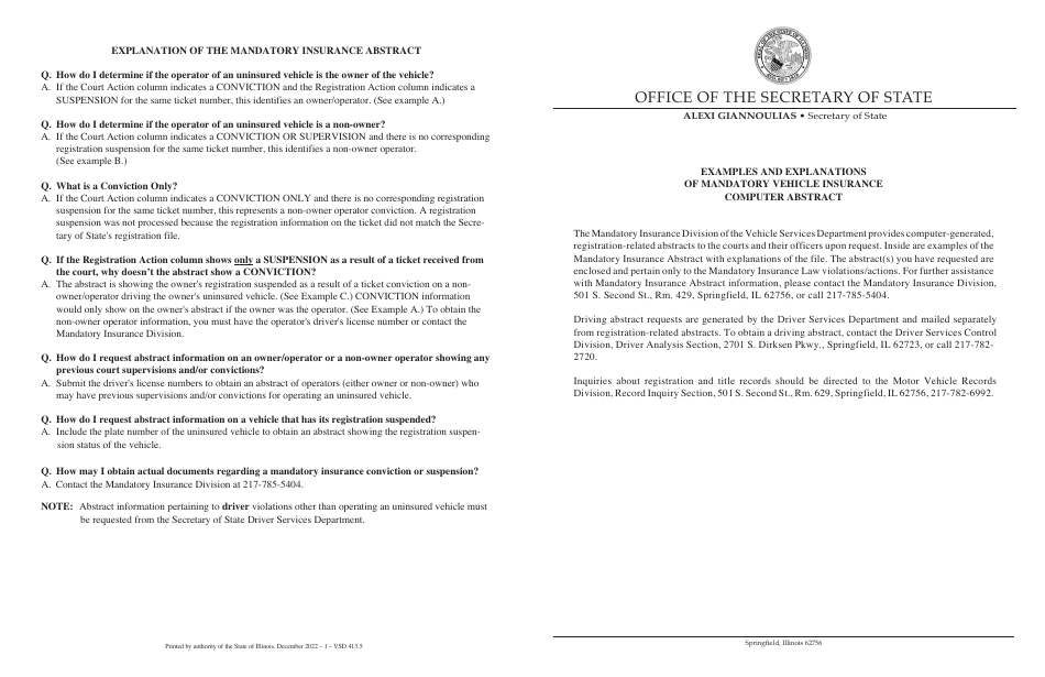 Form VSD413 Explanation of the Mandatory Insurance Abstract - Illinois, Page 2