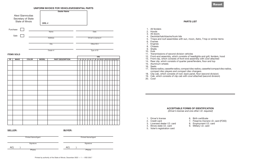 Form VSD238 Uniform Invoice for Vehicles/Essential Parts - Illinois