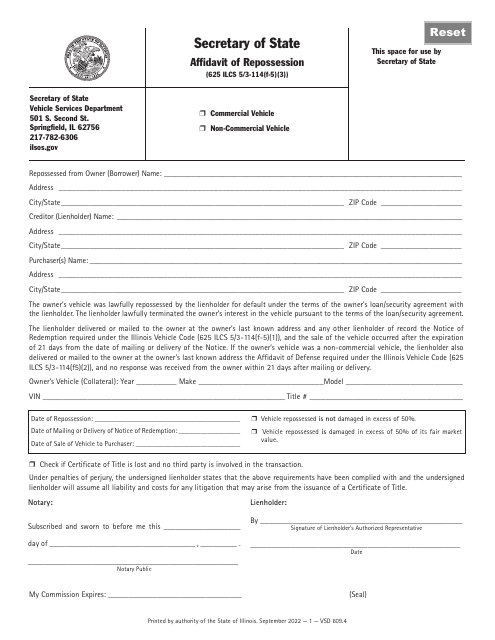 Form VSD609 Affidavit of Repossession - Illinois
