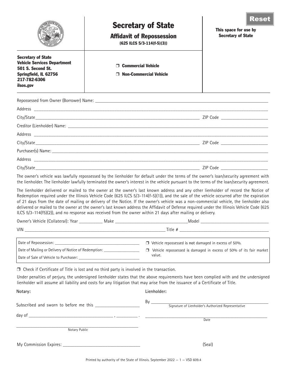 Form VSD609 Affidavit of Repossession - Illinois, Page 1