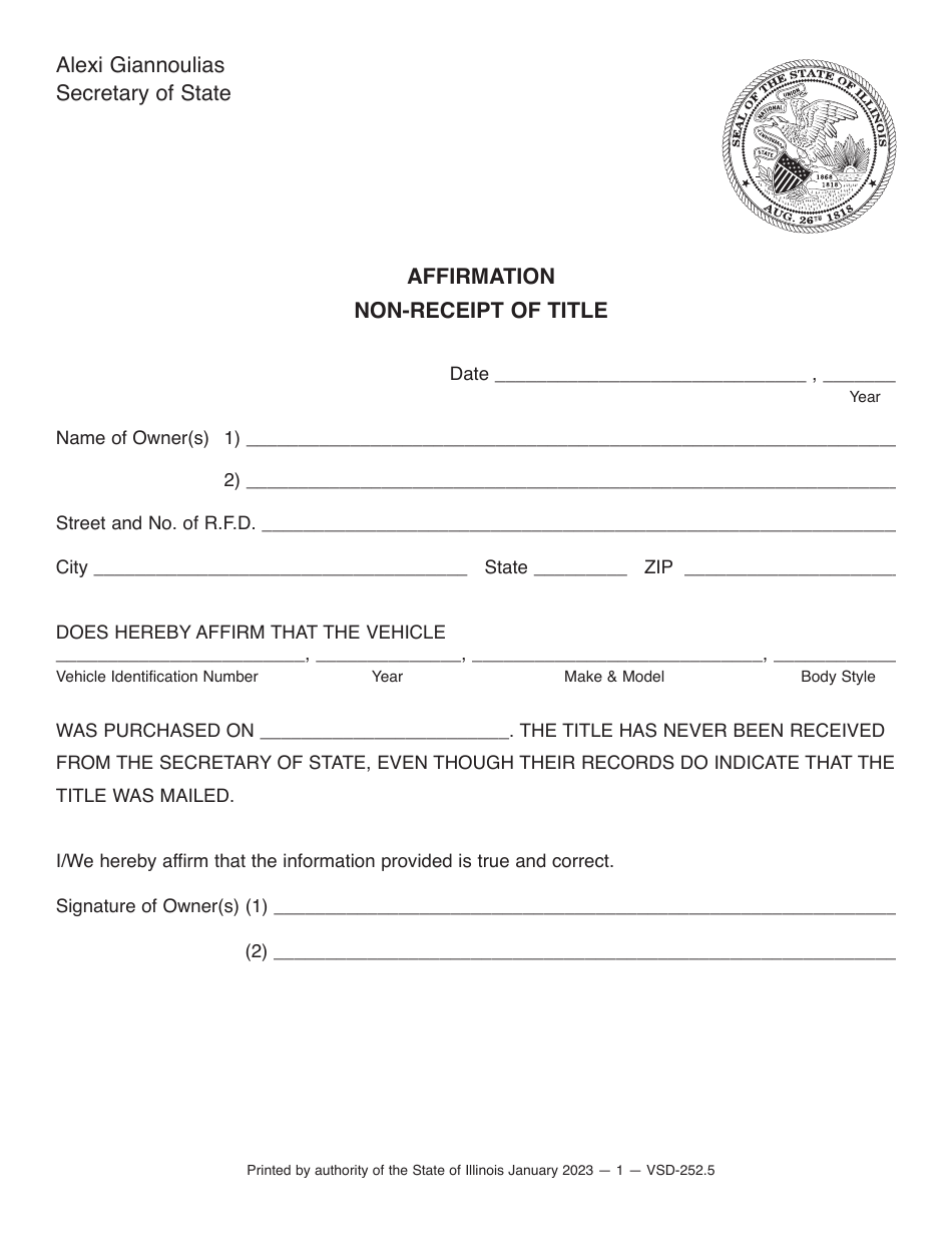 Form VSD252 Fill Out Sign Online And Download Fillable PDF Illinois   Form Vsd252 Affirmation Non Receipt Of Title Illinois Print Big 