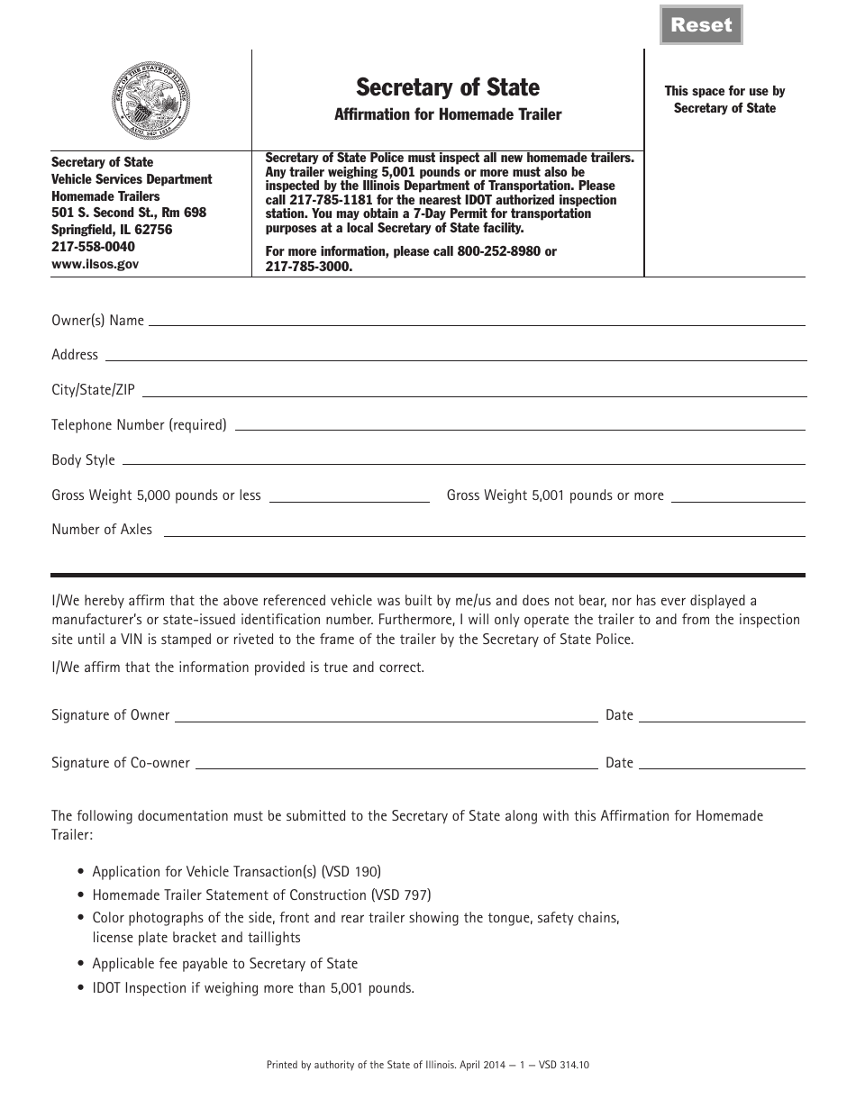 Form VSD314 Fill Out, Sign Online and Download Fillable PDF, Illinois