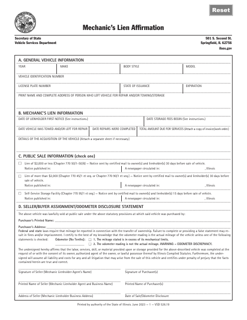 Form VSD526 Mechanic's Lien Affirmation - Illinois