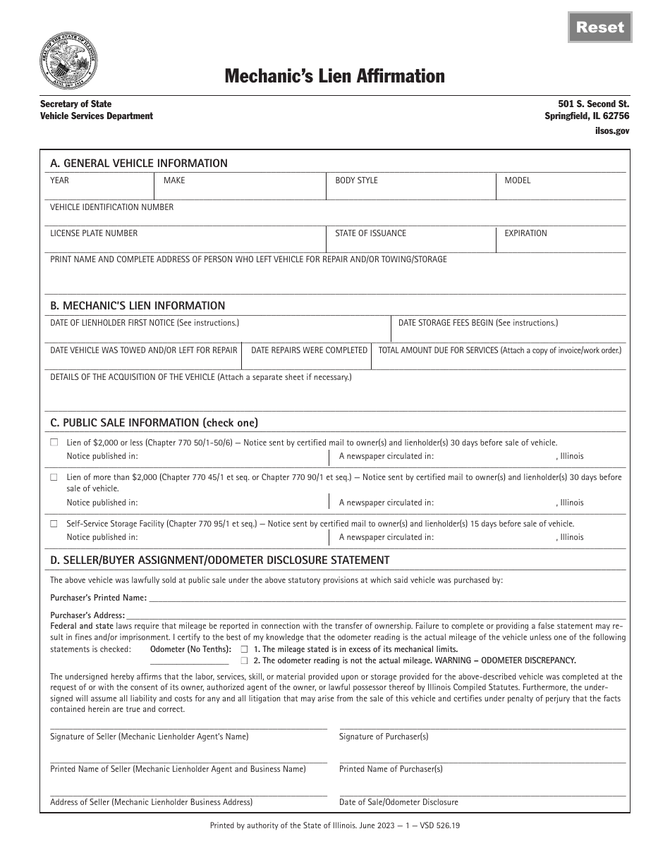 Form VSD526 Mechanics Lien Affirmation - Illinois, Page 1