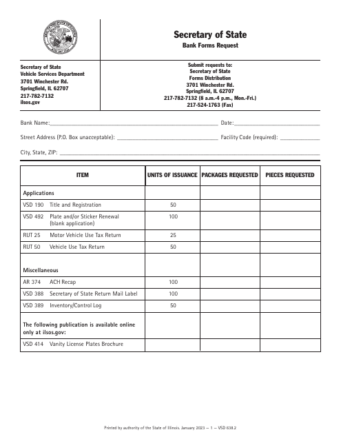 Form VSD638 Bank Forms Request - Illinois