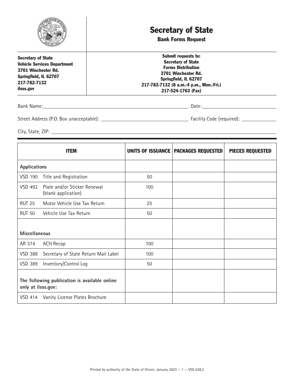 Form VSD638 Bank Forms Request - Illinois, Page 1