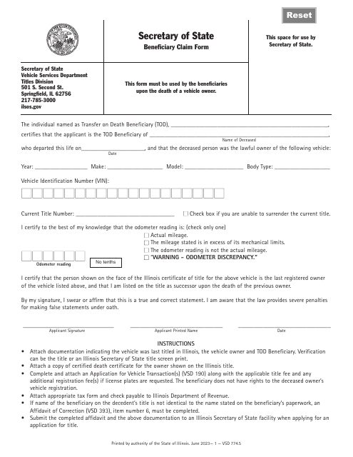 Form VSD774 Beneficiary Claim Form - Illinois