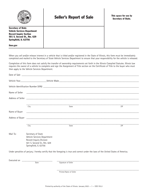 Form VSD703 Seller's Report of Sale - Illinois