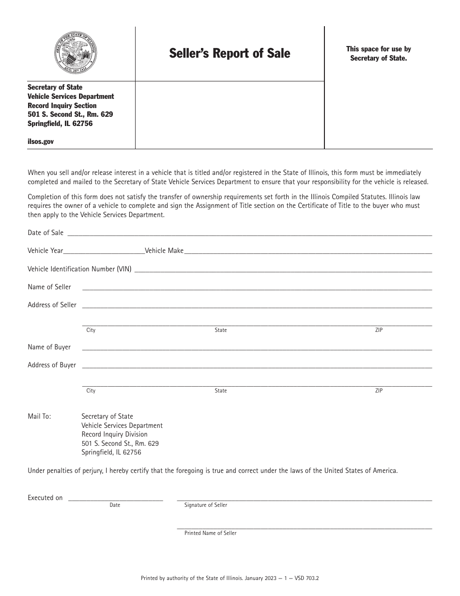 Form VSD703 Sellers Report of Sale - Illinois, Page 1