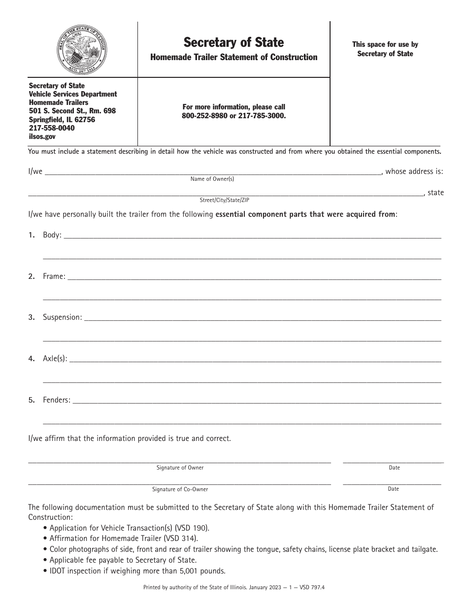 Form VSD797 Homemade Trailer Statement of Construction - Illinois, Page 1