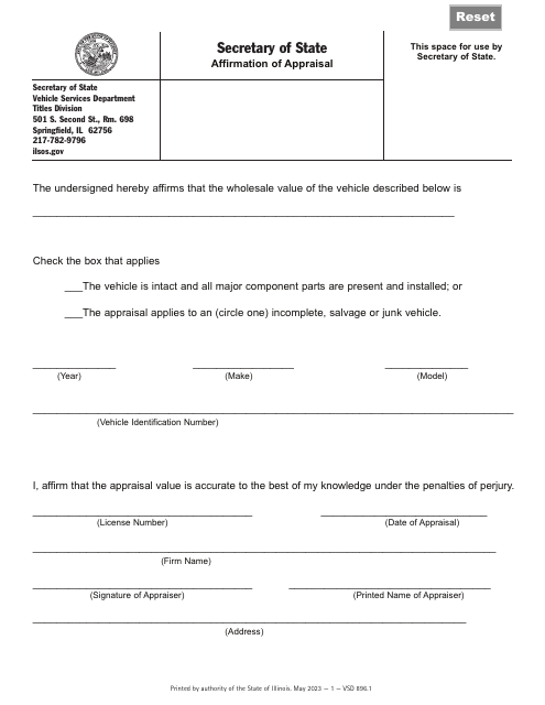 Form VSD896 Affirmation of Appraisal - Illinois