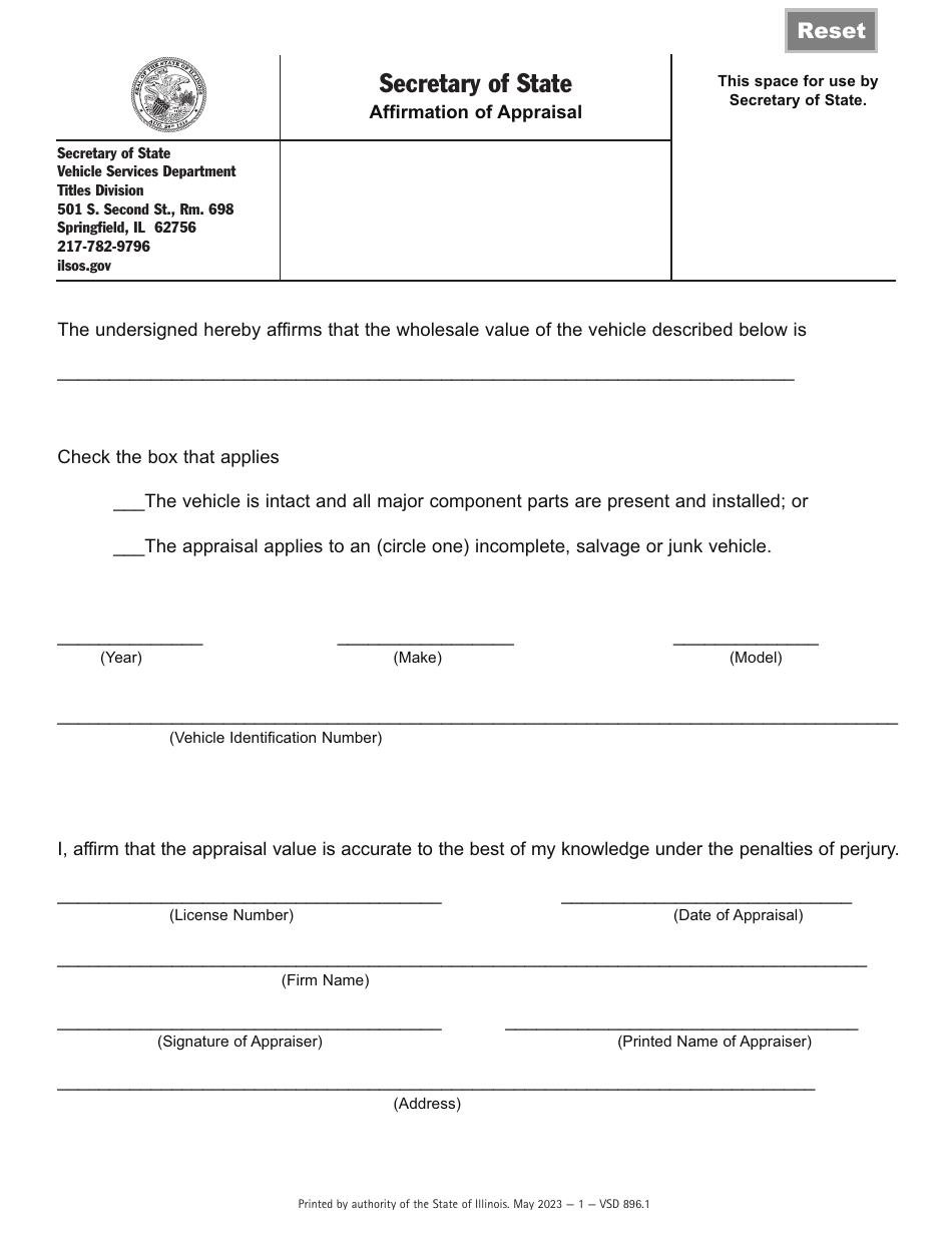 Form VSD896 Affirmation of Appraisal - Illinois, Page 1