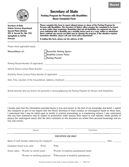 Form VSD772 Parking Program for Persons With Disabilities Abuse Complaint Form - Illinois