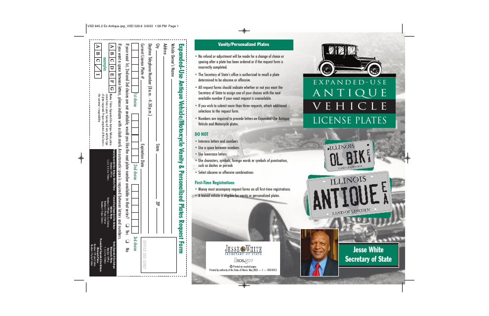 Form VSD845 Expanded-Use Antique Vehicle/Motorcycle Vanity & Personalized Plates Request Form - Illinois