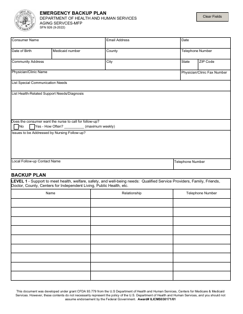 Form SFN926  Printable Pdf