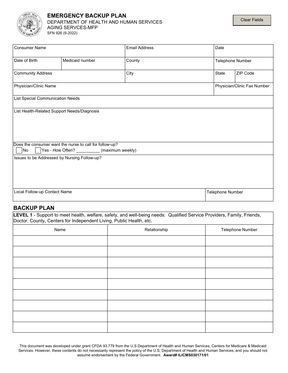 Form SFN926 Emergency Backup Plan - North Dakota, Page 1