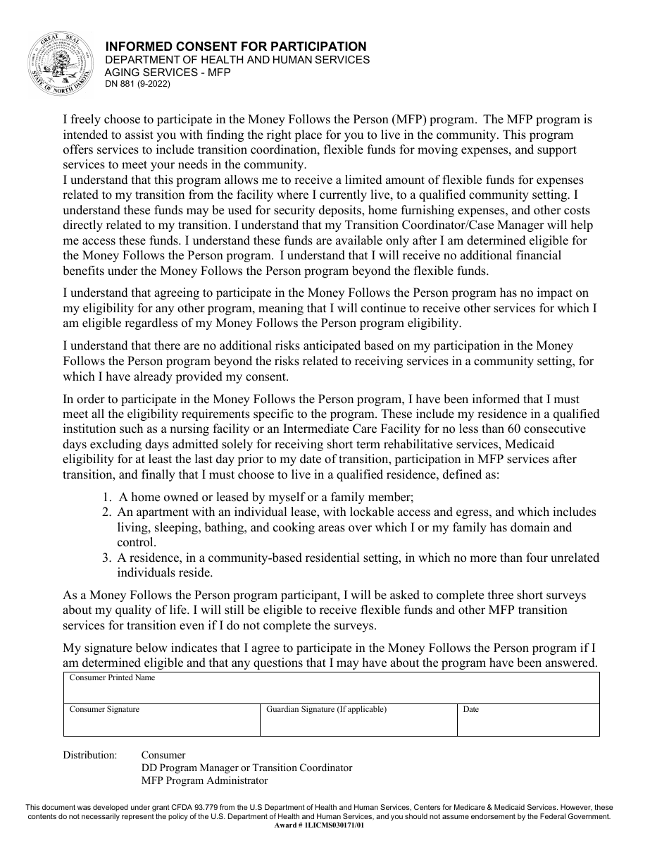 Form DN-881 Informed Consent for Participation - North Dakota, Page 1