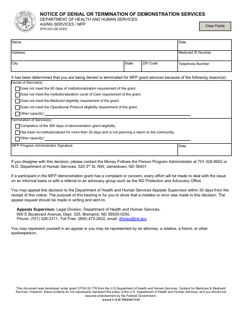 Form SFN533 Notice of Denial or Termination of Demonstration Services - North Dakota