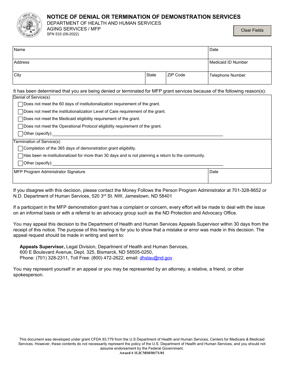 Form SFN533 Notice of Denial or Termination of Demonstration Services - North Dakota, Page 1