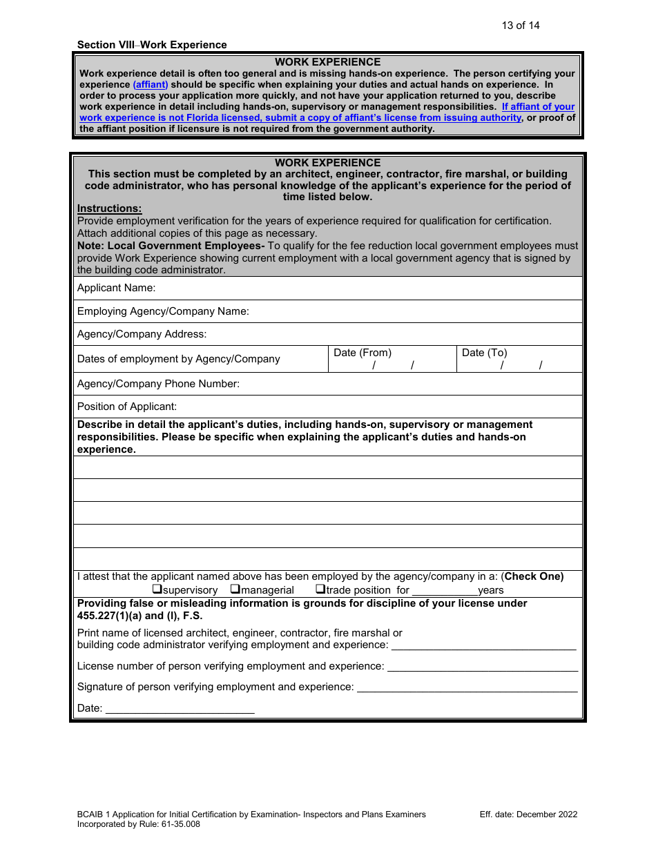 Form DBPR BCAIB1 Application for Initial Certification by Examination or Endorsement - Inspectors and Plans Examiners - Florida, Page 14