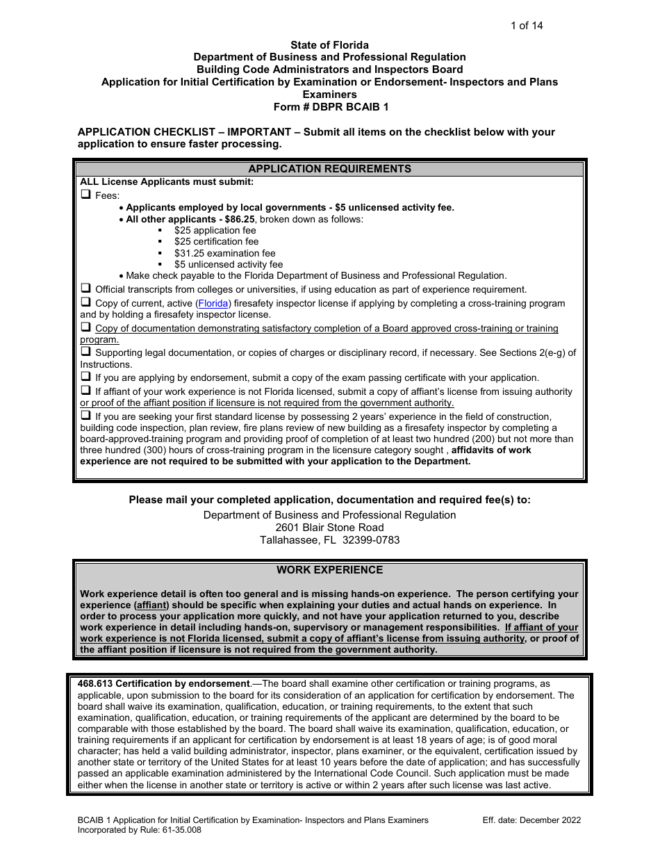 Form DBPR BCAIB1 Application for Initial Certification by Examination or Endorsement - Inspectors and Plans Examiners - Florida, Page 2
